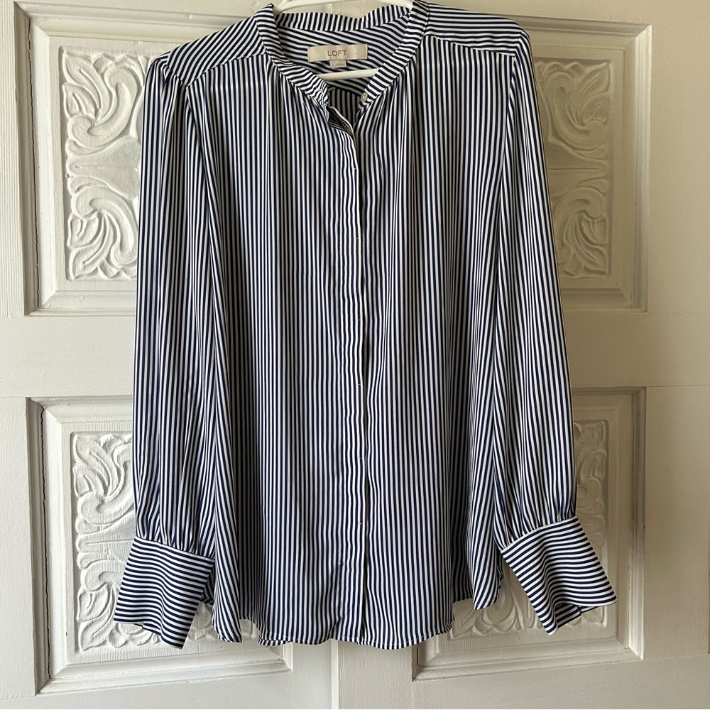 LOFT Silky Blue and White Striped Blouse - Size Large